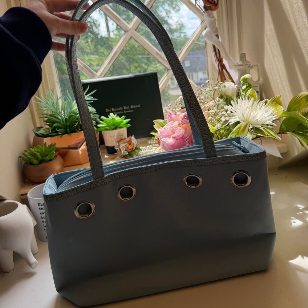 Baby blue purse with silver details and faux leather straps